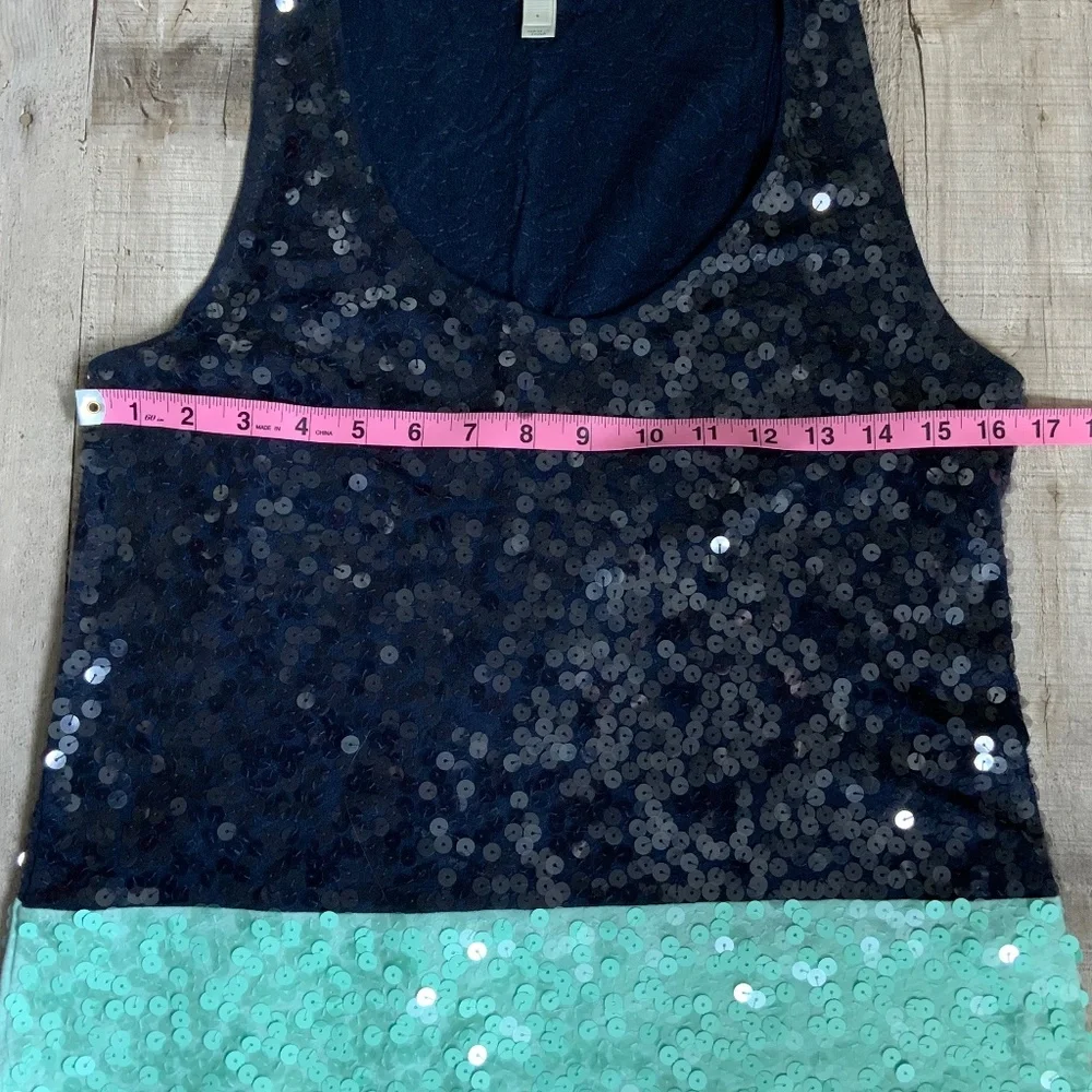 J Crew Sequin Embellished Round Neck Sleeveless Tank Top Navy Seafoam Gr…